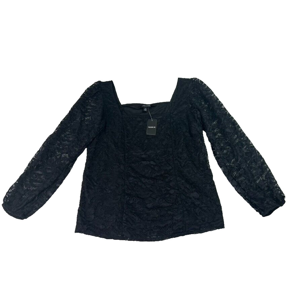 Torrid Top Womens 1 Black Lace Square Neck Long Sleeve Line Sexy